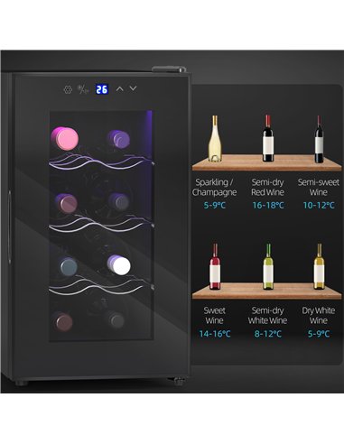 HOMCOM Mini Wine Fridge, 8 Bottle, 21L, 26.5cm, Freestanding and Under Counter, Quiet Wine Cooler Fridge with Glass Door, LED Li