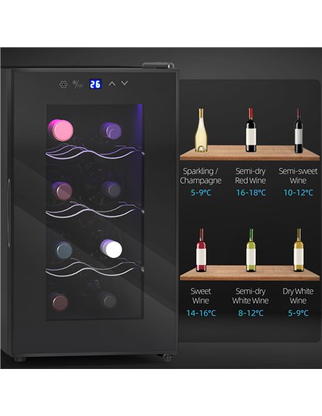 HOMCOM Mini Wine Fridge, 8 Bottle, 21L, 26.5cm, Freestanding and Under Counter, Quiet Wine Cooler Fridge with Glass Door, LED Li - pic 127388 | FastDaddyshop