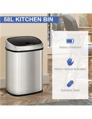 HOMCOM Stainless Steel Kitchen Sensor Dustbin Automatic Touchless Rubbish Garbage Waste Bin 58L Silver