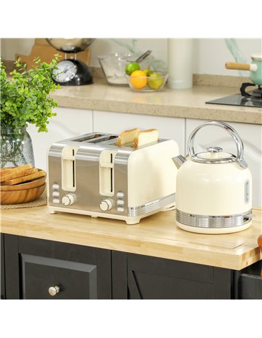 HOMCOM Polished Metal Kettle and Toaster Set - Cream