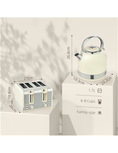 HOMCOM Polished Metal Kettle and Toaster Set - Cream