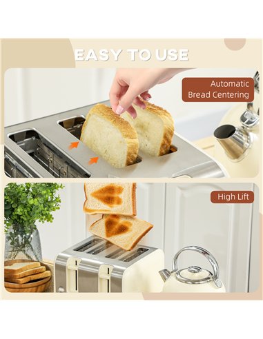HOMCOM Polished Metal Kettle and Toaster Set - Cream