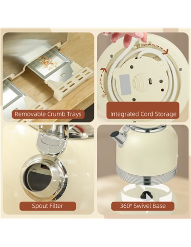 HOMCOM Polished Metal Kettle and Toaster Set - Cream