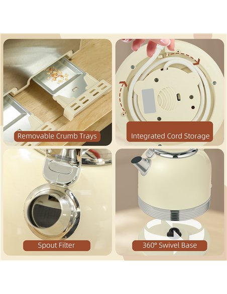 HOMCOM Polished Metal Kettle and Toaster Set - Cream - pic 127478 | FastDaddyshop