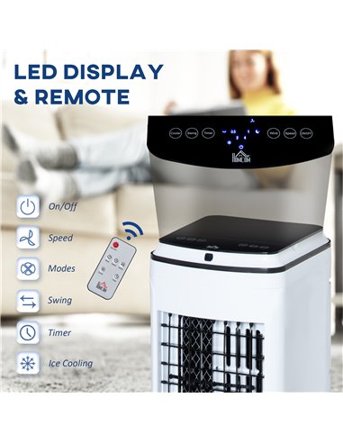 HOMCOM 3-in-1 Evaporative Air Cooler with 4L Water Tank, Portable Fan Cooler with Automatic Oscillation, Timer, Remote, White