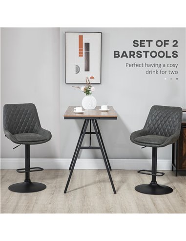 HOMCOM Retro Bar Stools Set of 2, Adjustable Kitchen Stool, Upholstered Bar Chairs with Back, Swivel Seat, Dark Grey