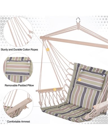 Outsunny Garden Outdoor Hanging Hammock Chair Thick Rope Frame Wooden Arms Safe Wide Seat Garden Outdoor Spot Stylish Multicolou