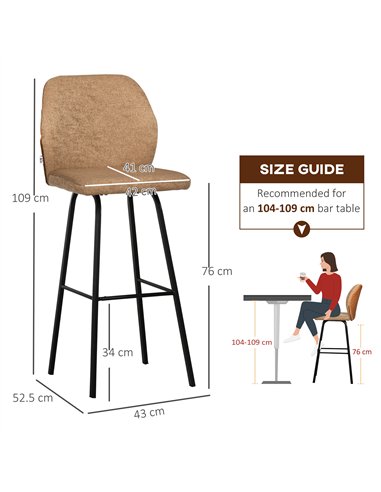 HOMCOM Bar Stools Set of 2, Linen-Touch Upholstered Bar Chairs, Kitchen Stools with Backs and Steel Legs for Dining Room, Light 