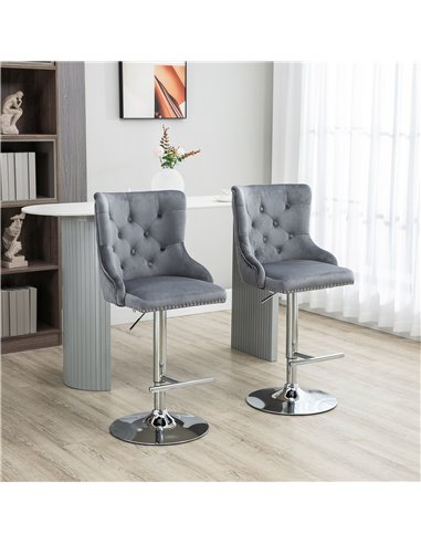 HOMCOM Modern Adjustable Bar Stools Set of 2, Swivel Velvet Barstools with Button Tufted Back, Footrest, Nailhead Trim for Home 