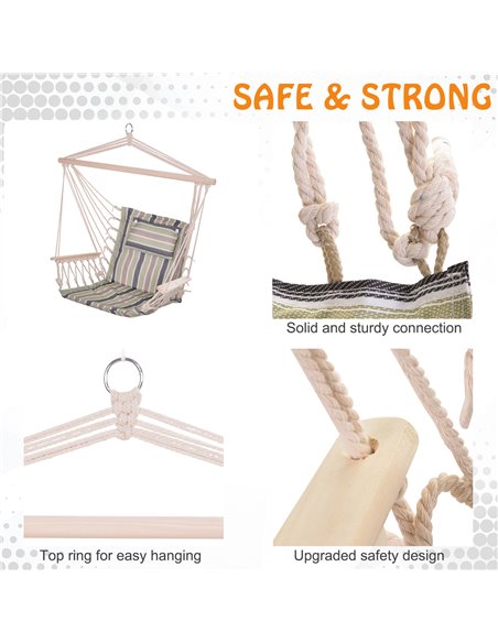 Outsunny Garden Outdoor Hanging Hammock Chair Thick Rope Frame Wooden Arms Safe Wide Seat Garden Outdoor Spot Stylish Multicolou - pic 12758 | FastDaddyshop