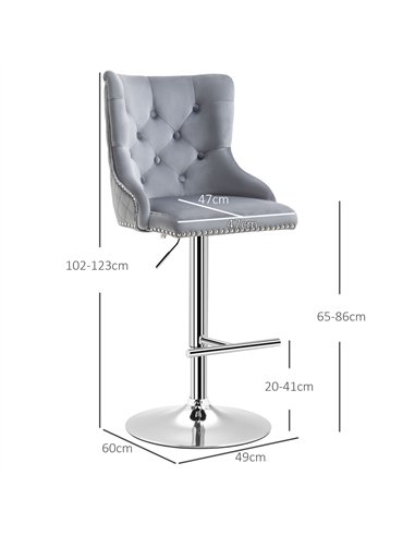 HOMCOM Modern Adjustable Bar Stools Set of 2, Swivel Velvet Barstools with Button Tufted Back, Footrest, Nailhead Trim for Home 