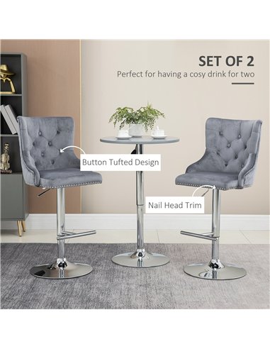 HOMCOM Modern Adjustable Bar Stools Set of 2, Swivel Velvet Barstools with Button Tufted Back, Footrest, Nailhead Trim for Home 
