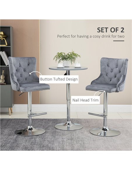 HOMCOM Modern Adjustable Bar Stools Set of 2, Swivel Velvet Barstools with Button Tufted Back, Footrest, Nailhead Trim for Home  - pic 127581 | FastDaddyshop