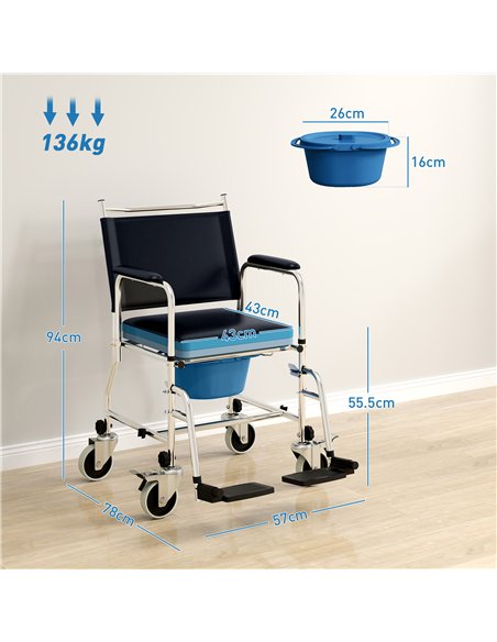 HOMCOM Rolling Shower Chair with Wheels, Bedside Commode Wheelchair with Padded Seat, Backrest, for Seniors, Adults, Injured or  - pic 127634 | FastDaddyshop