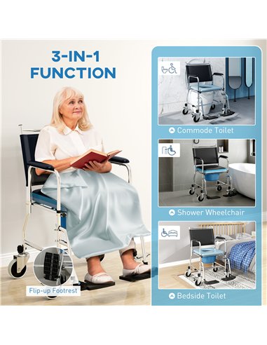 HOMCOM Rolling Shower Chair with Wheels, Bedside Commode Wheelchair with Padded Seat, Backrest, for Seniors, Adults, Injured or 