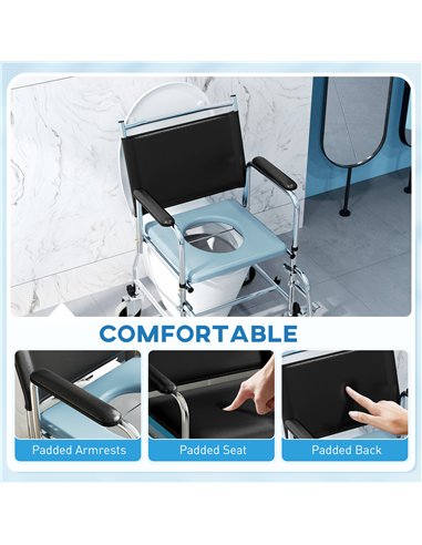 HOMCOM Rolling Shower Chair with Wheels, Bedside Commode Wheelchair with Padded Seat, Backrest, for Seniors, Adults, Injured or 