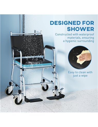 HOMCOM Rolling Shower Chair with Wheels, Bedside Commode Wheelchair with Padded Seat, Backrest, for Seniors, Adults, Injured or 