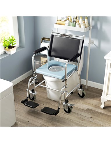 HOMCOM Rolling Shower Chair with Wheels, Bedside Commode Wheelchair with Padded Seat, Backrest, for Seniors, Adults, Injured or 