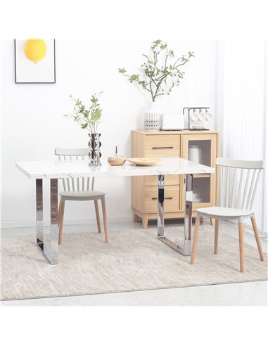 HOMCOM Modern Dining Room Table Rectangular Kitchen Table for 6-8 People with Marble Effect Tabletop Steel Legs 160 cm White