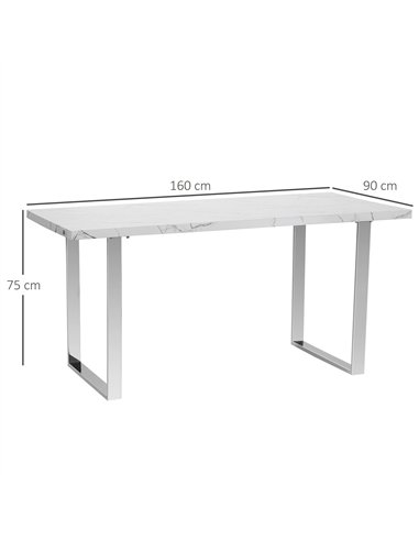 HOMCOM Modern Dining Room Table Rectangular Kitchen Table for 6-8 People with Marble Effect Tabletop Steel Legs 160 cm White