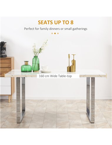 HOMCOM Modern Dining Room Table Rectangular Kitchen Table for 6-8 People with Marble Effect Tabletop Steel Legs 160 cm White