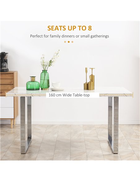 HOMCOM Modern Dining Room Table Rectangular Kitchen Table for 6-8 People with Marble Effect Tabletop Steel Legs 160 cm White - pic 127672 | FastDaddyshop