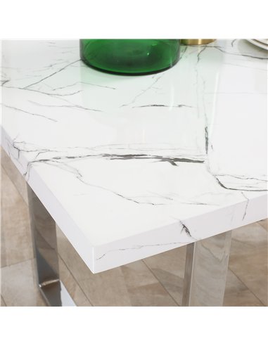 HOMCOM Modern Dining Room Table Rectangular Kitchen Table for 6-8 People with Marble Effect Tabletop Steel Legs 160 cm White