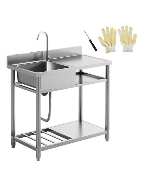 HOMCOM Outdoor Stainless Steel Kitchen Sink, Freestanding Sink Single Bowl with Cold and Hot Water Pipe and Storage Shelves - pic 127677 | FastDaddyshop