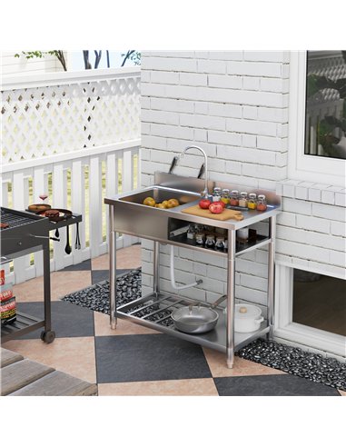 HOMCOM Outdoor Stainless Steel Kitchen Sink, Freestanding Sink Single Bowl with Cold and Hot Water Pipe and Storage Shelves