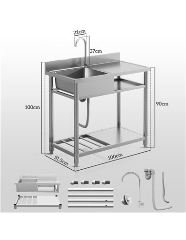 HOMCOM Outdoor Stainless Steel Kitchen Sink, Freestanding Sink Single Bowl with Cold and Hot Water Pipe and Storage Shelves
