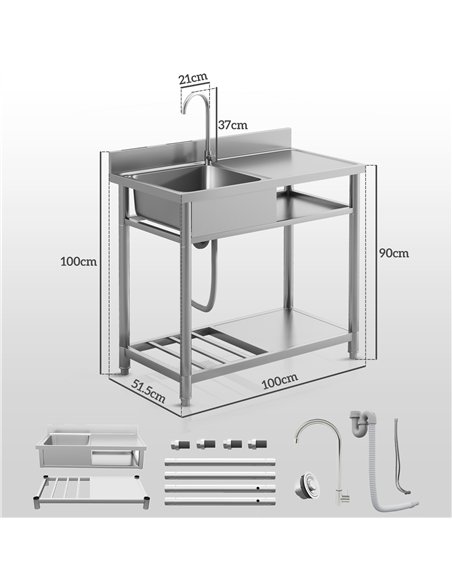 HOMCOM Outdoor Stainless Steel Kitchen Sink, Freestanding Sink Single Bowl with Cold and Hot Water Pipe and Storage Shelves - pic 127679 | FastDaddyshop