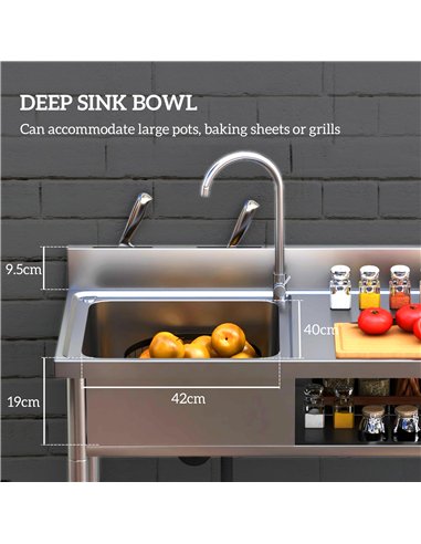 HOMCOM Outdoor Stainless Steel Kitchen Sink, Freestanding Sink Single Bowl with Cold and Hot Water Pipe and Storage Shelves