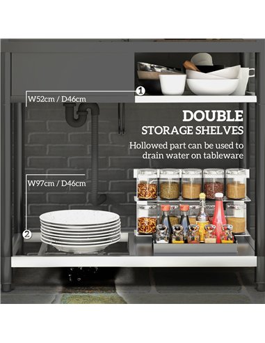 HOMCOM Outdoor Stainless Steel Kitchen Sink, Freestanding Sink Single Bowl with Cold and Hot Water Pipe and Storage Shelves