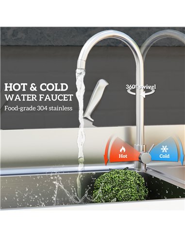 HOMCOM Outdoor Stainless Steel Kitchen Sink, Freestanding Sink Single Bowl with Cold and Hot Water Pipe and Storage Shelves