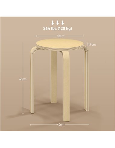 HOMCOM Stackable Stools Set of 4, Modern Stacking Chairs, Round Backless Stools for Kitchen, Dining Room, Office, Outdoors, Natu