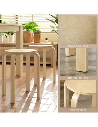 HOMCOM Stackable Stools Set of 4, Modern Stacking Chairs, Round Backless Stools for Kitchen, Dining Room, Office, Outdoors, Natu