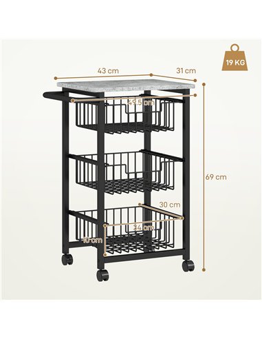 HOMCOM Three Basket Mobile Kitchen Island, with Brakes - Grey/Black