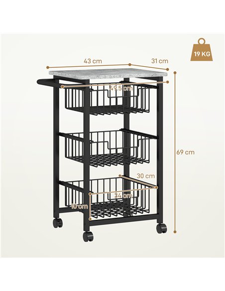 HOMCOM Three Basket Mobile Kitchen Island, with Brakes - Grey/Black - pic 127715 | FastDaddyshop
