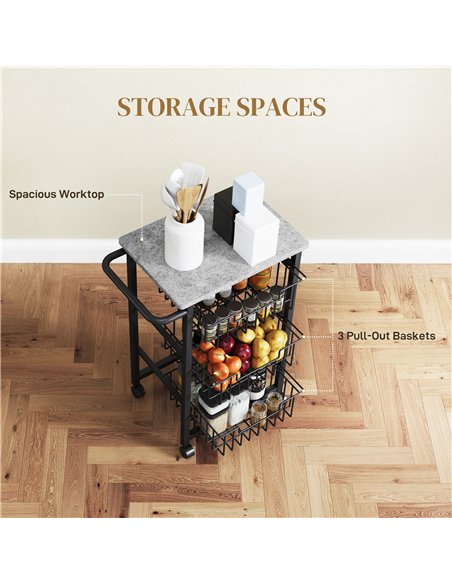 HOMCOM Three Basket Mobile Kitchen Island, with Brakes - Grey/Black - pic 127716 | FastDaddyshop