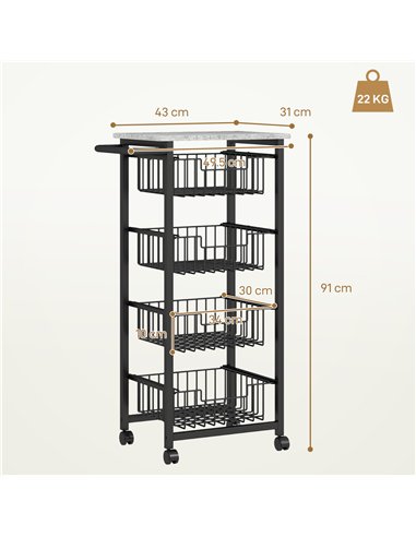 HOMCOM Four Basket Mobile Kitchen Island, with Brakes - Grey/Black