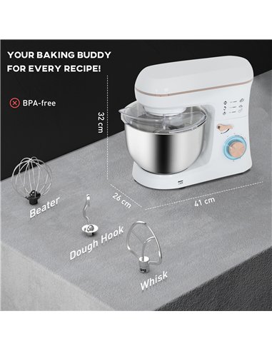 HOMCOM Stand Mixer, 5L Food Mixer for Baking, 6 Speeds and Pulse Setting, 1400W Cake Electric Kitchen Mixer with Dough Hook, Whi