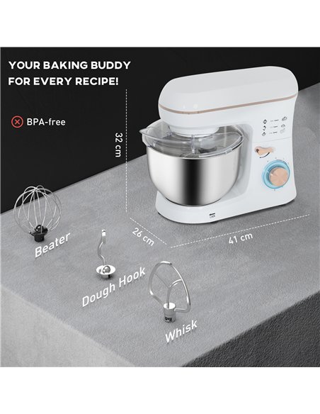 HOMCOM Stand Mixer, 5L Food Mixer for Baking, 6 Speeds and Pulse Setting, 1400W Cake Electric Kitchen Mixer with Dough Hook, Whi - pic 127760 | FastDaddyshop