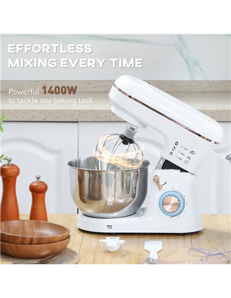 HOMCOM Stand Mixer, 5L Food Mixer for Baking, 6 Speeds and Pulse Setting, 1400W Cake Electric Kitchen Mixer with Dough Hook, Whi - pic 127761 | FastDaddyshop
