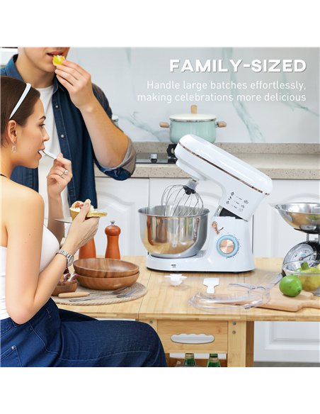 HOMCOM Stand Mixer, 5L Food Mixer for Baking, 6 Speeds and Pulse Setting, 1400W Cake Electric Kitchen Mixer with Dough Hook, Whi - pic 127765 | FastDaddyshop