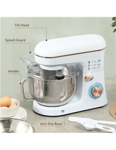 HOMCOM Stand Mixer, 5L Food Mixer for Baking, 6 Speeds and Pulse Setting, 1400W Cake Electric Kitchen Mixer with Dough Hook, Whi