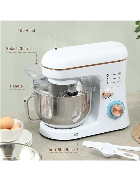 HOMCOM Stand Mixer, 5L Food Mixer for Baking, 6 Speeds and Pulse Setting, 1400W Cake Electric Kitchen Mixer with Dough Hook, Whi - pic 127766 | FastDaddyshop
