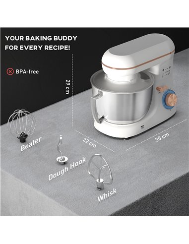 HOMCOM 1300W Kitchen Stand Mixer, with Accessories - White
