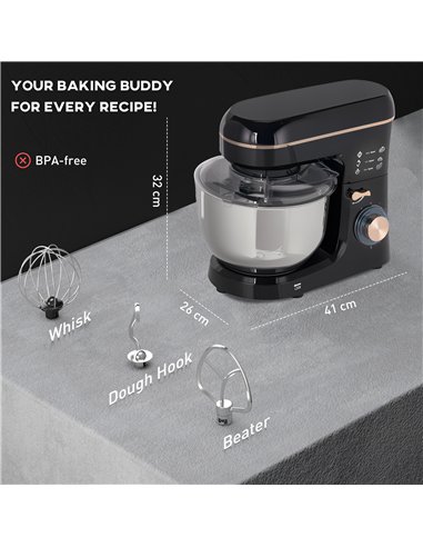 HOMCOM Stand Mixer, 5L Food Mixer for Baking, 6 Speeds and Pulse Setting, 1400W Cake Electric Kitchen Mixer with Dough Hook, Whi