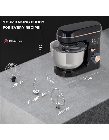 HOMCOM Stand Mixer, 5L Food Mixer for Baking, 6 Speeds and Pulse Setting, 1400W Cake Electric Kitchen Mixer with Dough Hook, Whi - pic 127778 | FastDaddyshop