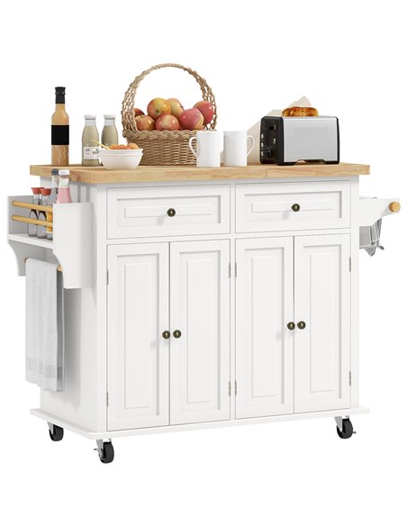 HOMCOM Rolling Kitchen Island Storage Trolley with Rubber Wood Top & Drawers for Dining Room, Cream White - pic 127785 | FastDaddyshop